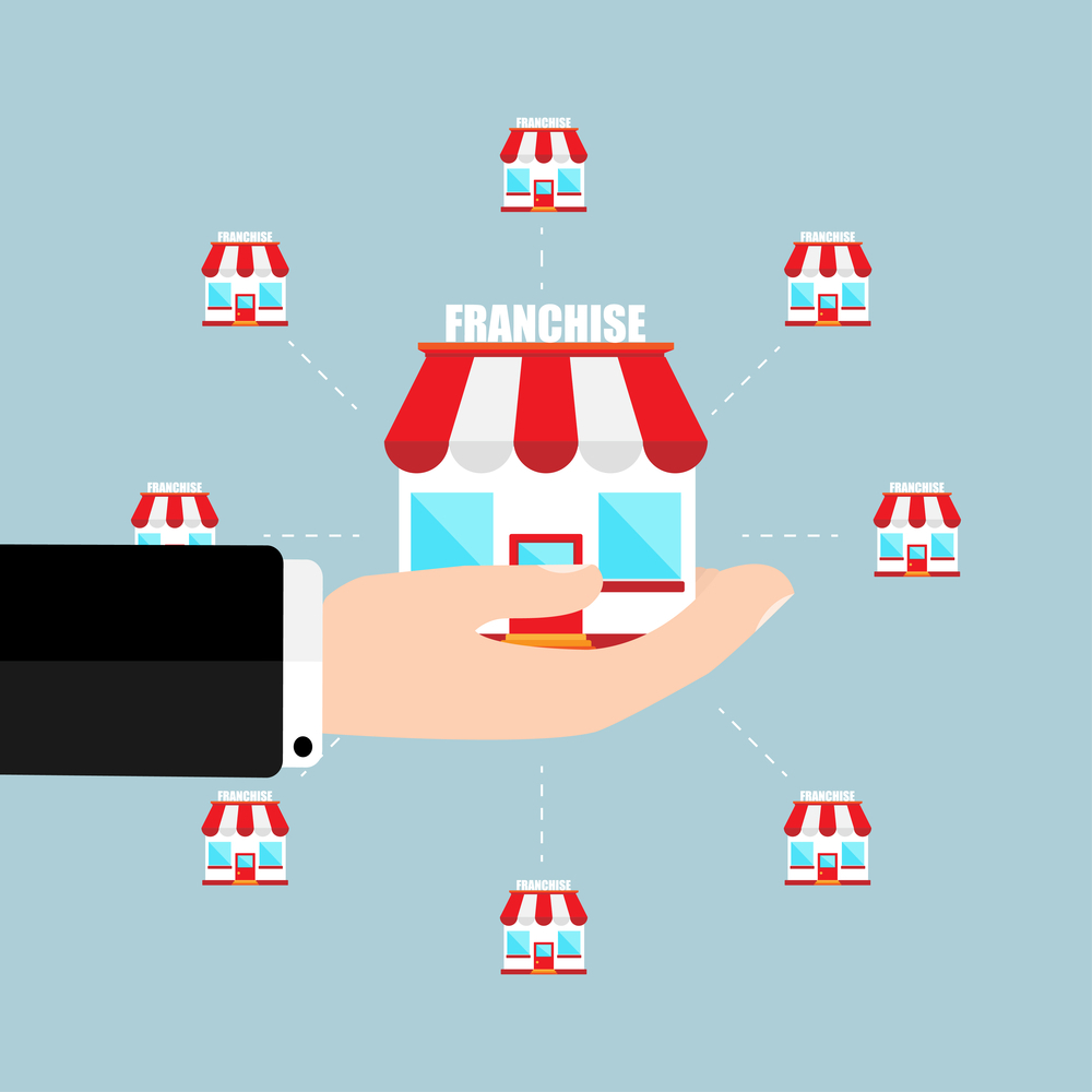 ilustração de uma mão segurando uma loja representando franchise. mini franquias 2020